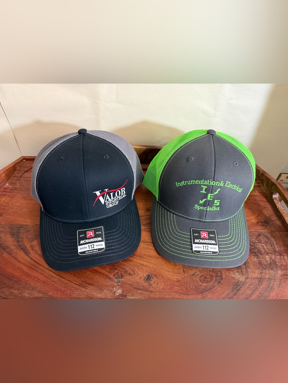 Two Richardson 112 Trucker hats black & charcoal Neon green adjustable snap back